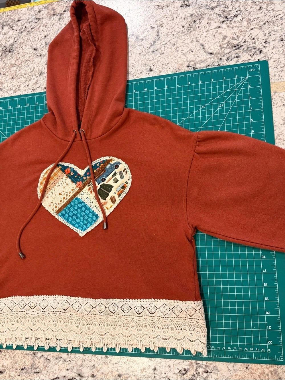 Upcycled Boho Patchwork Heart Crochet Hoodie Rust S OOAK - Picture 8 of 10